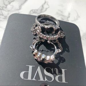 2/$20 Silver Black Rhinestone Diamante Diamond Stone Jewel Gem 3 Ring Set